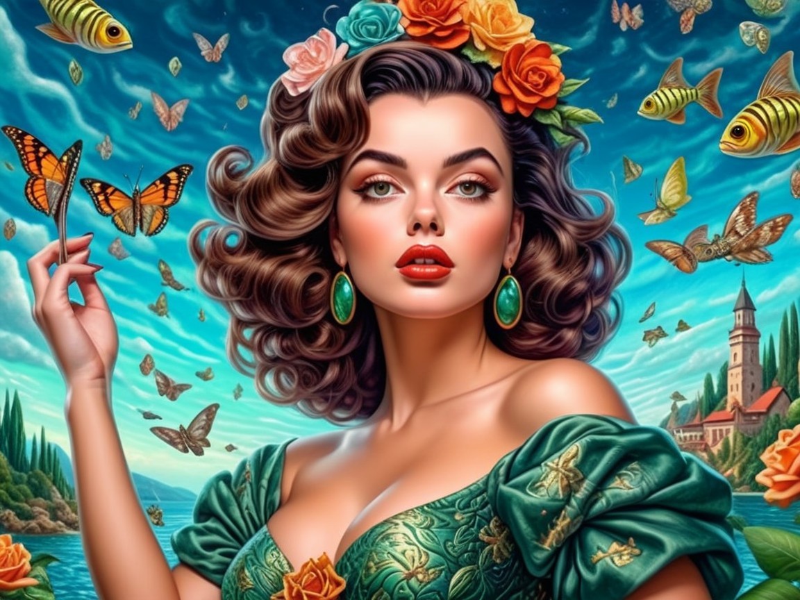Portrait of a Woman with Floral Hair and Butterflies