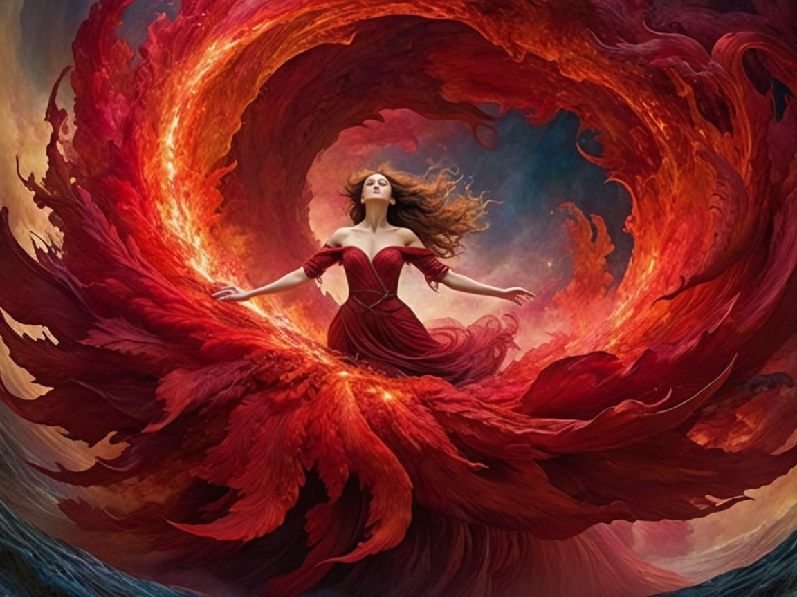 Woman in Red Gown Surrounded by Flames and Color