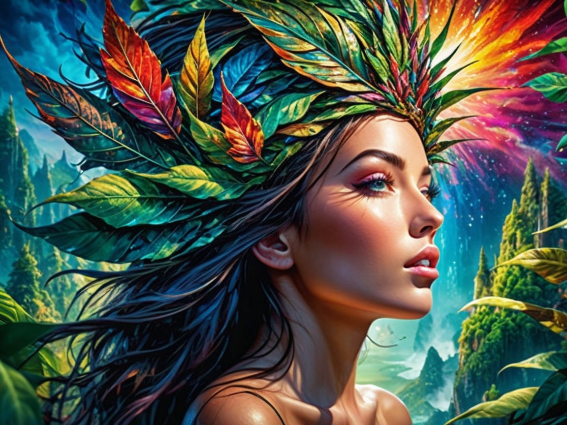 Woman with Dark Hair and Colorful Leaf Crown in Nature
