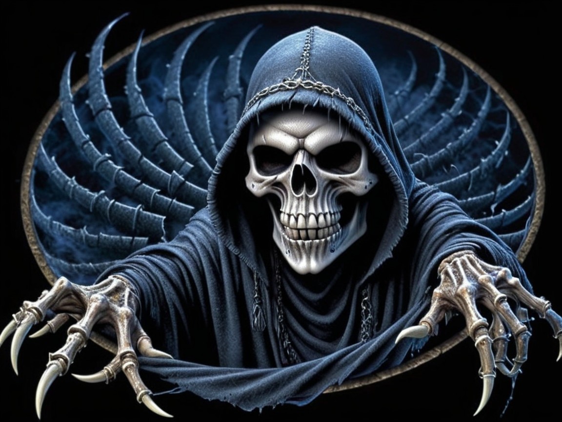 Menacing cloaked figure with skeletal face and claws