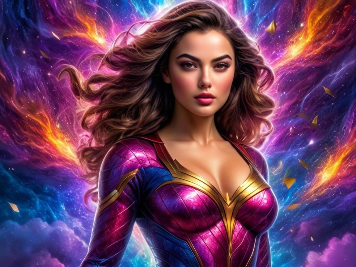 Superheroine in Cosmic Background with Vibrant Colors