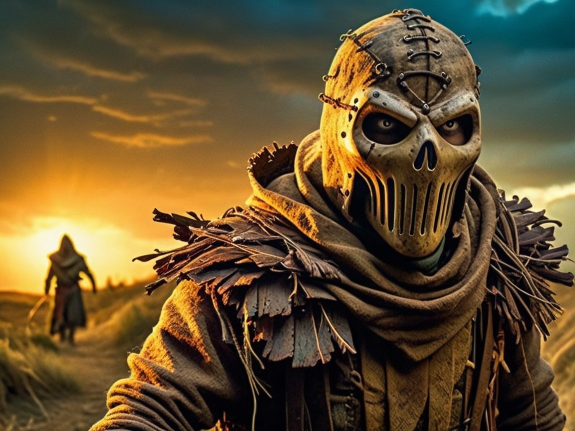 Mysterious Figure in Dramatic Sunset Landscape