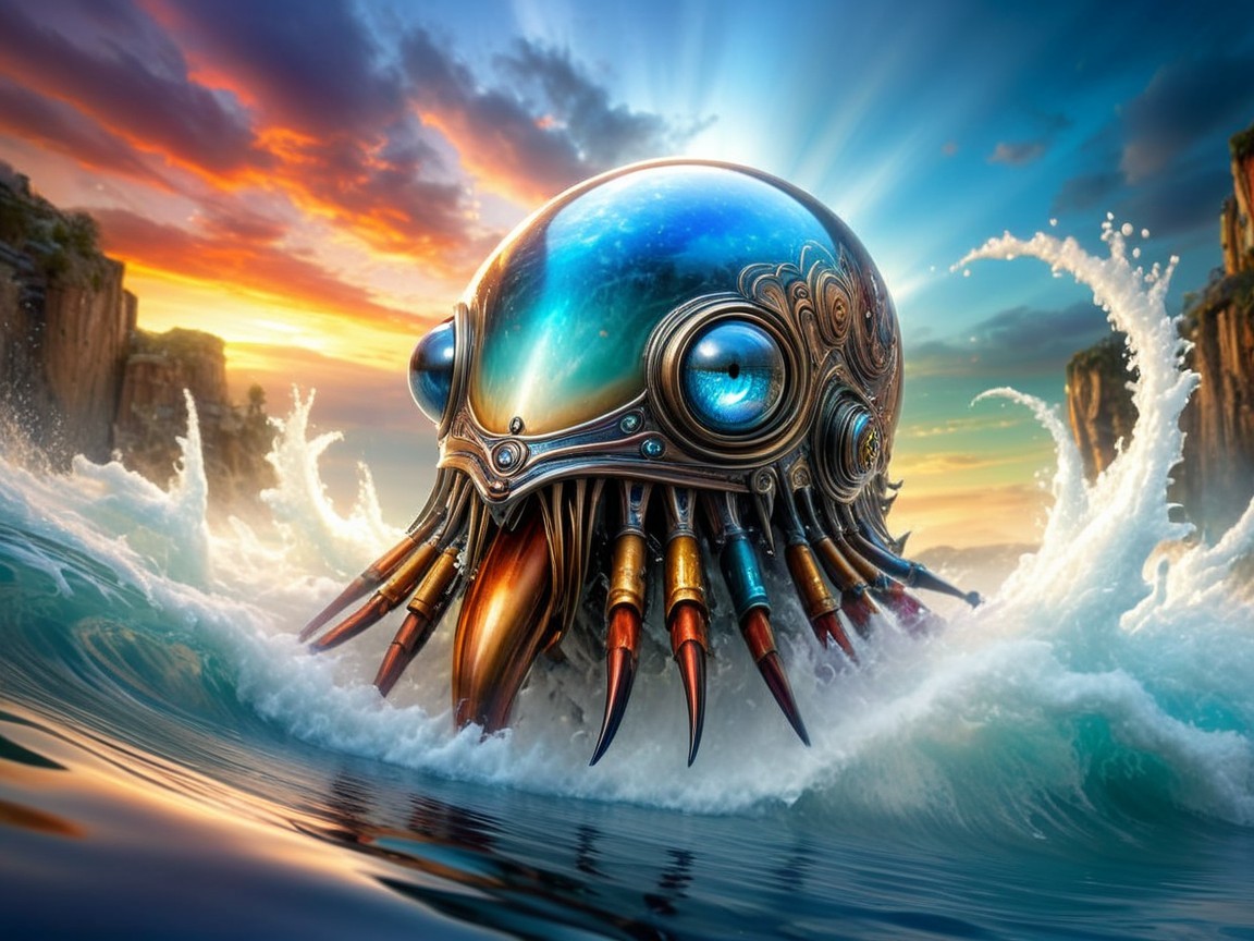 Mechanical Octopus Emerges from Vibrant Ocean Waves