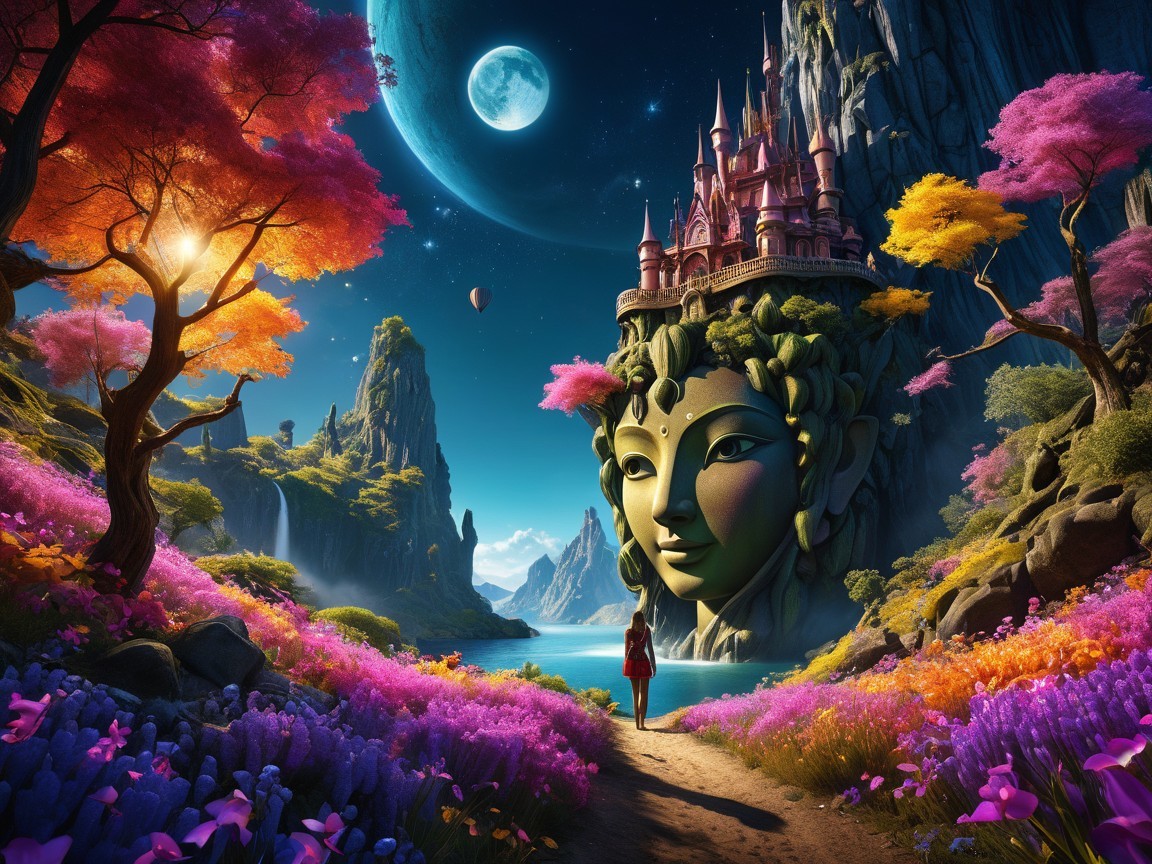 Mystical Landscape with Vibrant Flowers and Castle