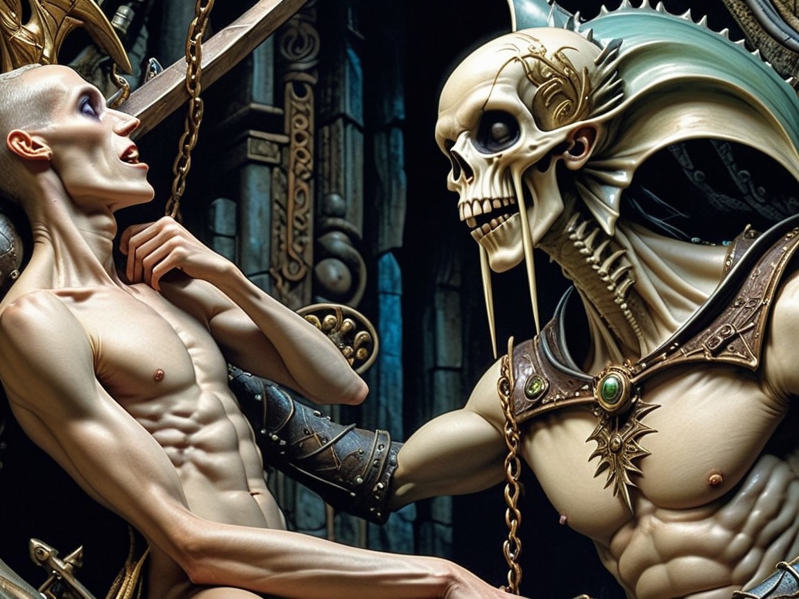 Surreal Dark Fantasy with Skeletal Figure and Humanoid Form