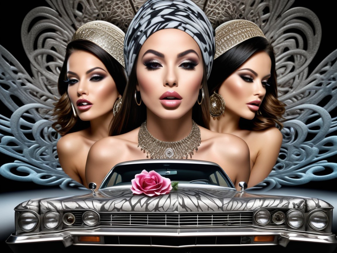 Digital Art of Glamorous Women with Vintage Car