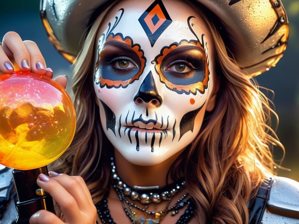 Woman with Sugar Skull Face Paint and Festive Attire
