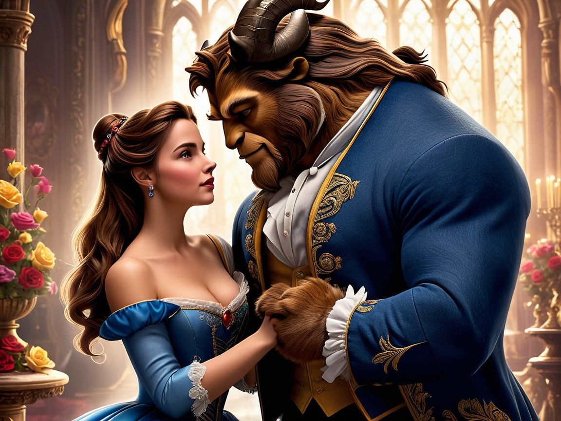 Animated Scene of a Woman and Beast in a Castle
