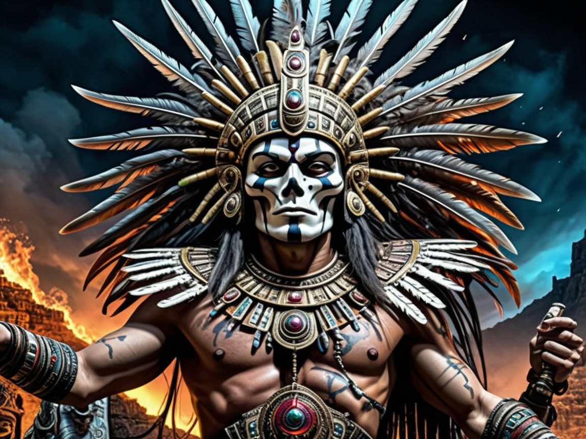 Tribal Warrior in Elaborate Attire Against Fiery Backdrop