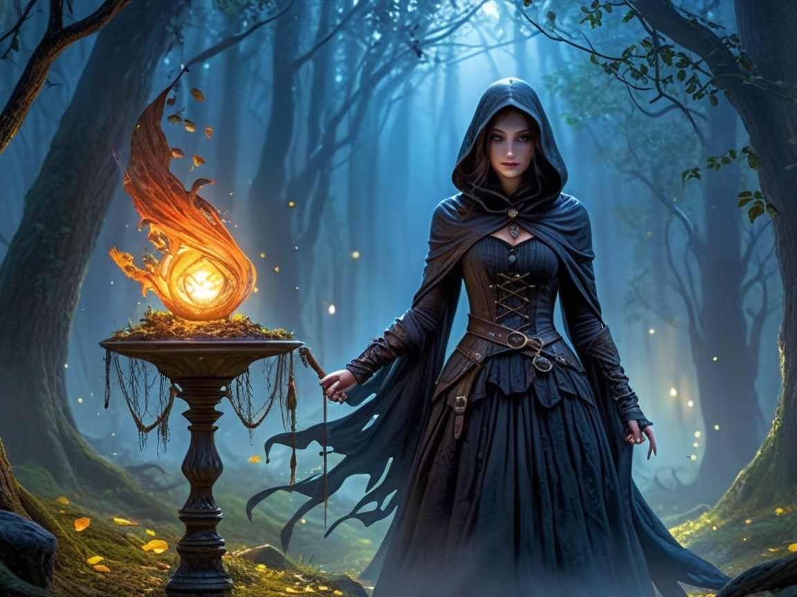Cloaked Figure by Glowing Orb in Mystical Forest