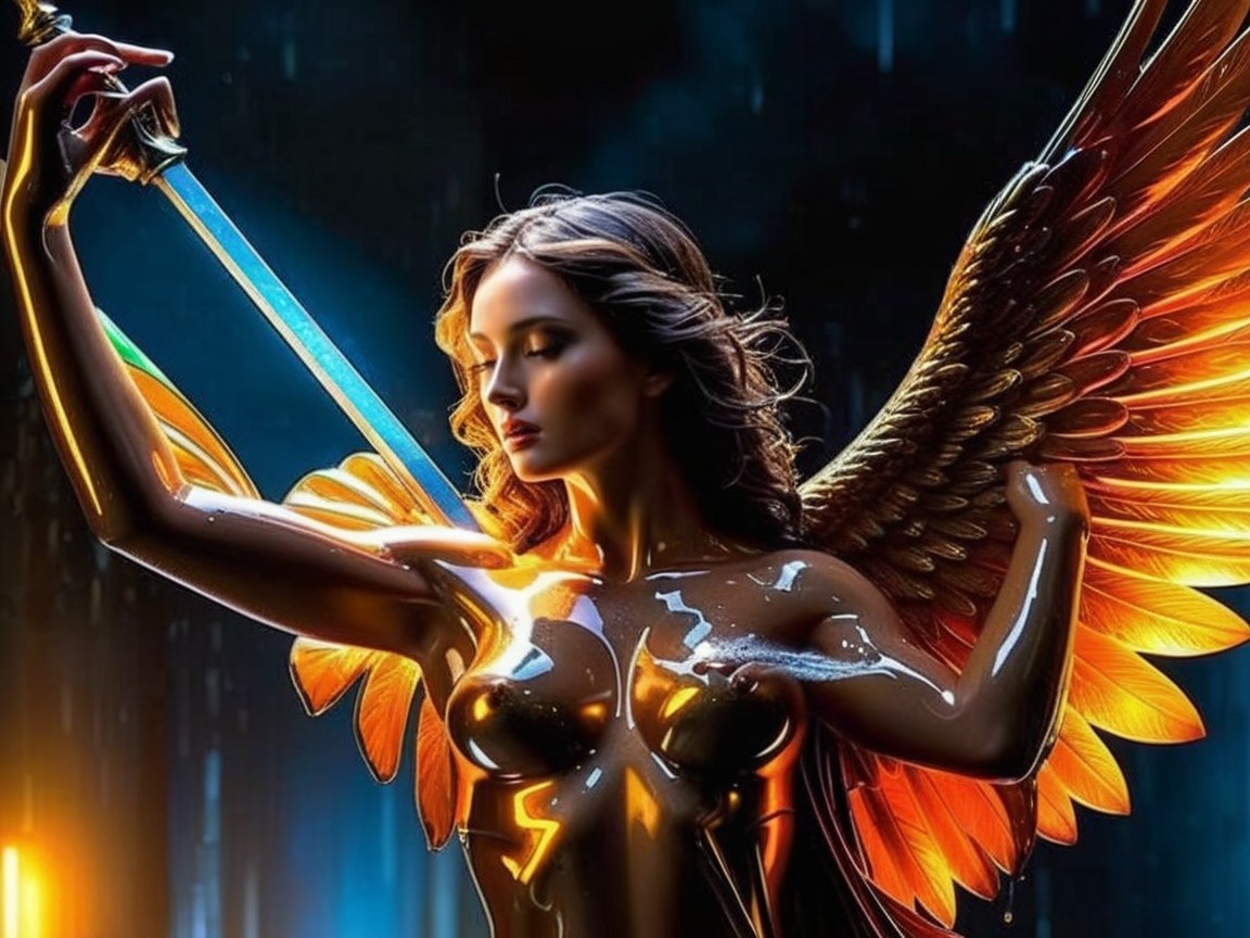 Majestic figure with wings and shimmering sword