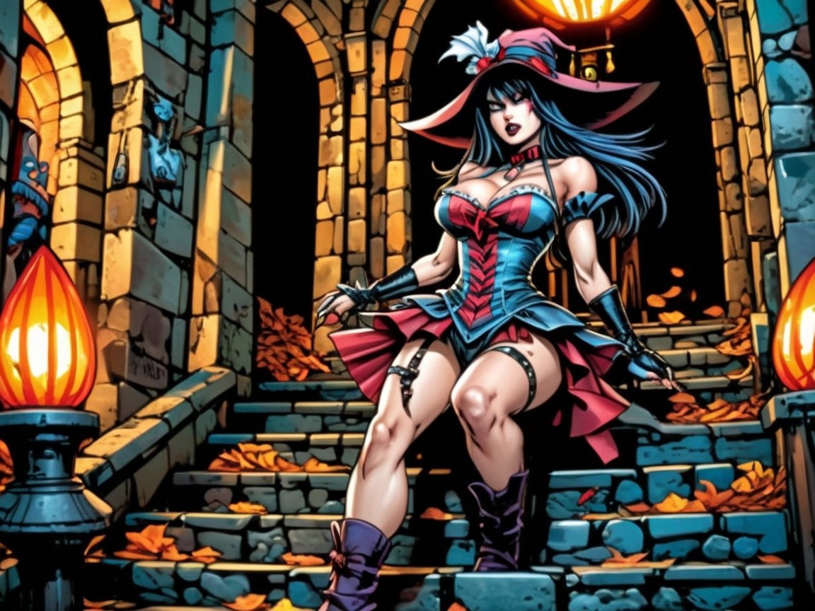 Confident Female Character on Stone Staircase in Gothic Style