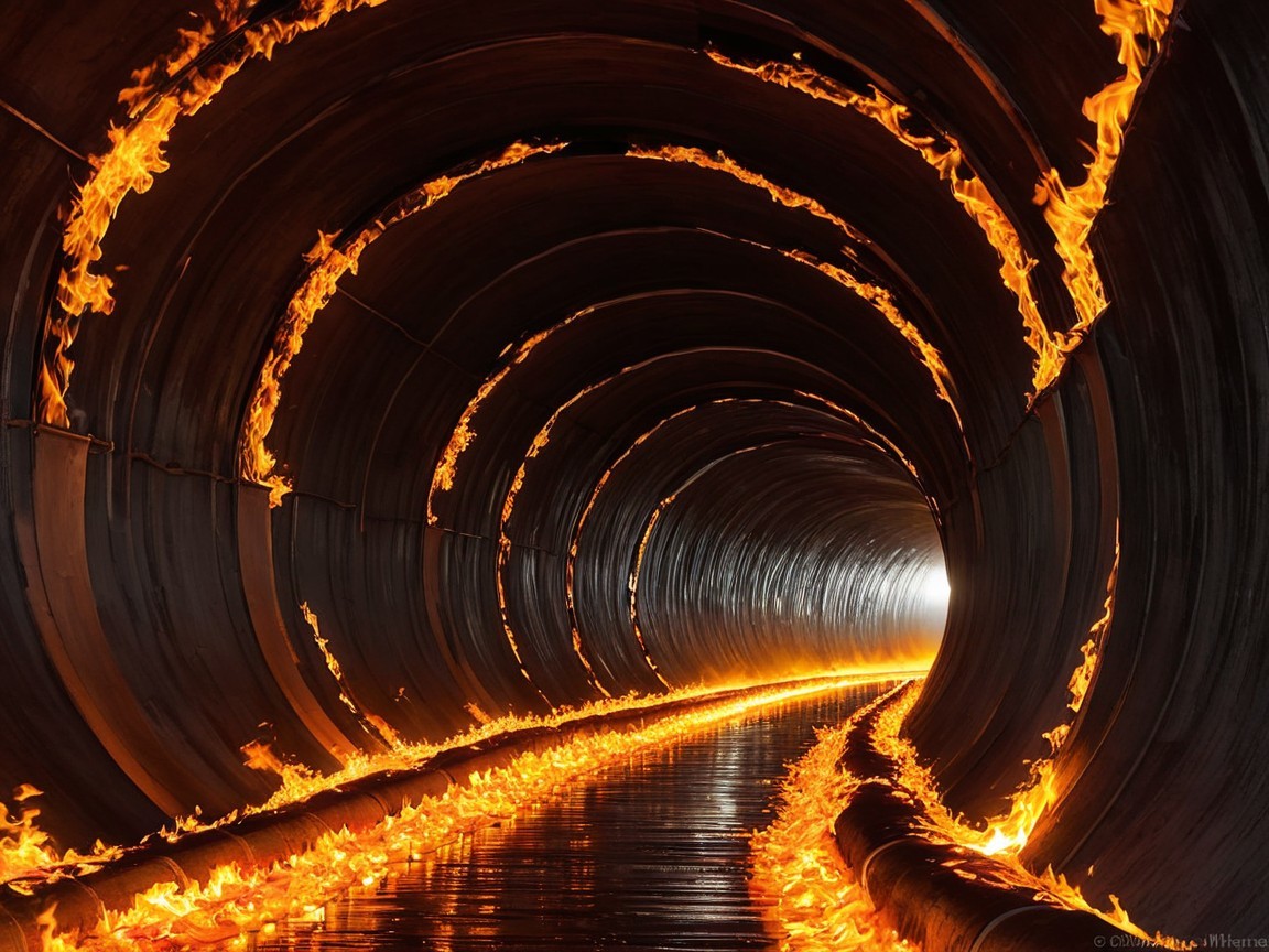 Cylindrical tunnel illuminated by vivid flames