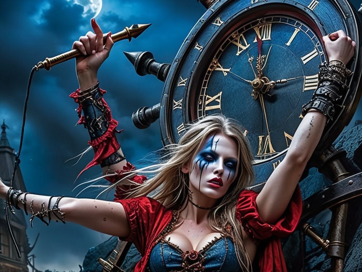 Gothic Woman in Dramatic Costume Before Oversized Clock