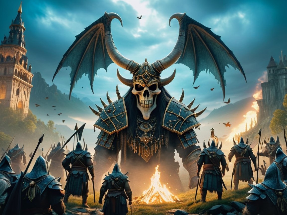 Colossal Skeletal Figure Overlooks Campfire Scene