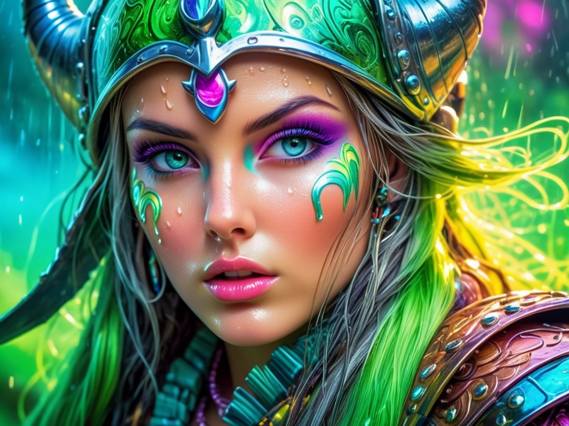 Fierce Warrior with Green Hair and Elaborate Armor