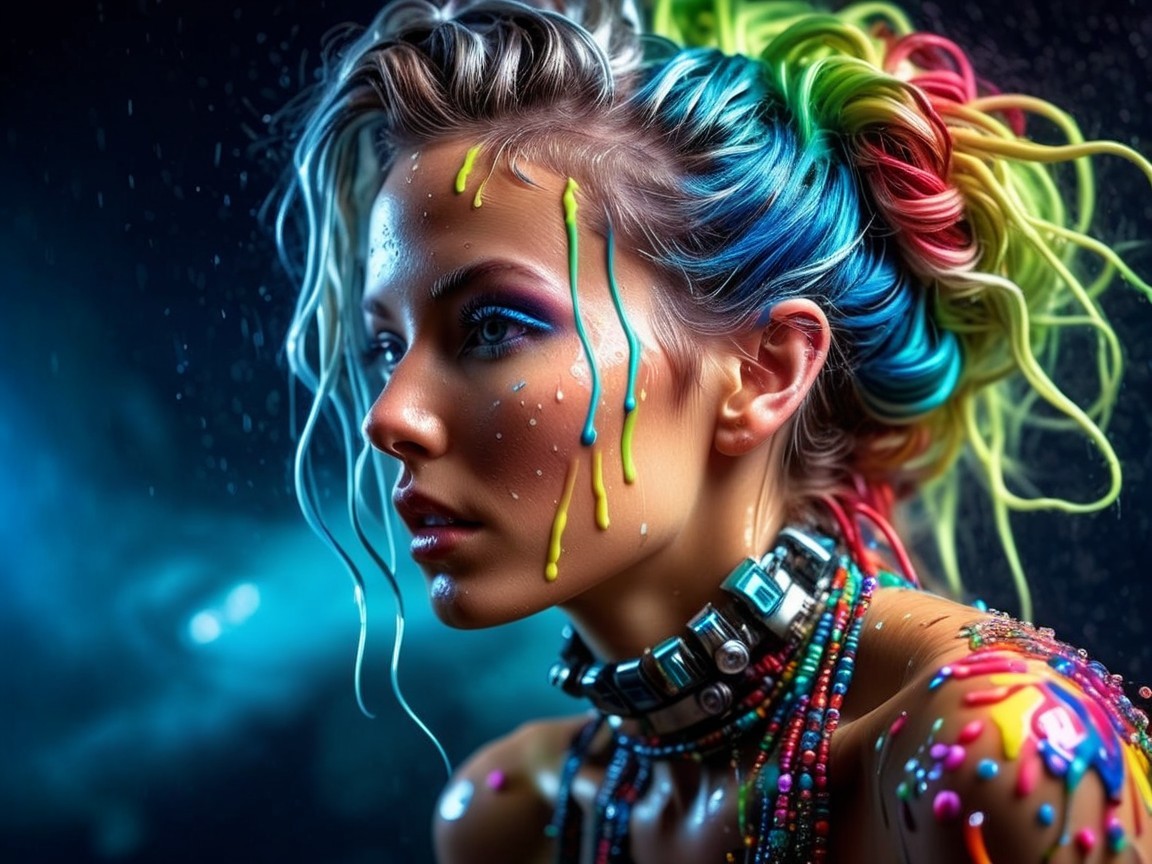 Close-Up of Young Woman with Multicolored Hair and Art