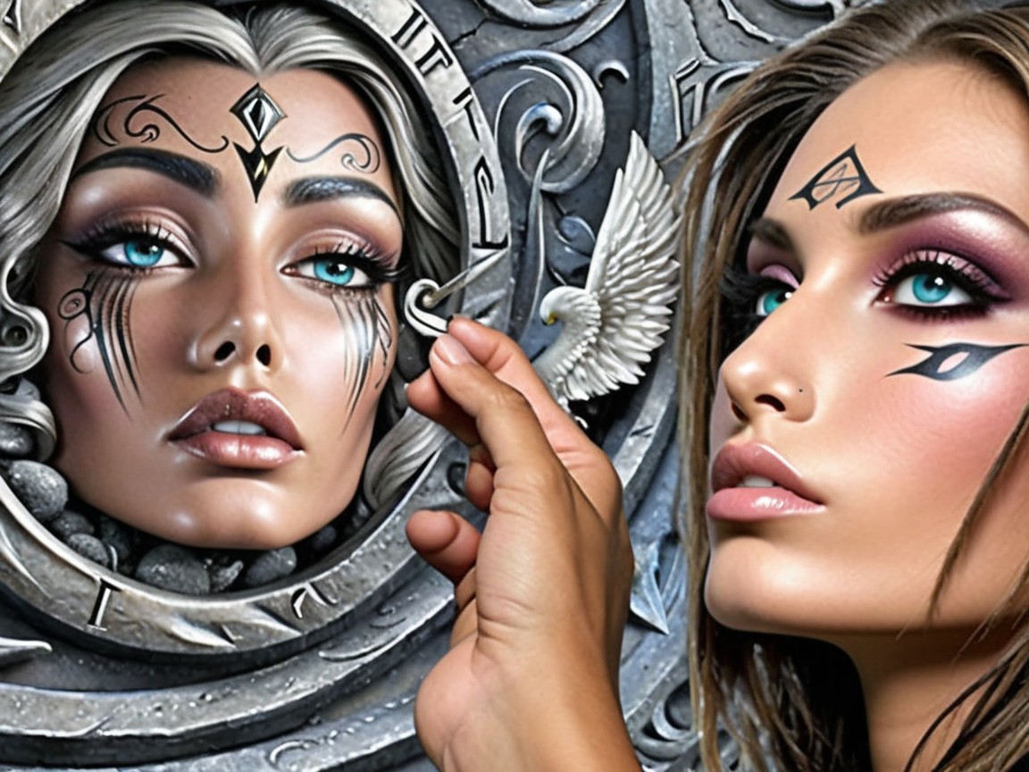 Digital Artwork of Woman with Blue Eyes and Tattoos