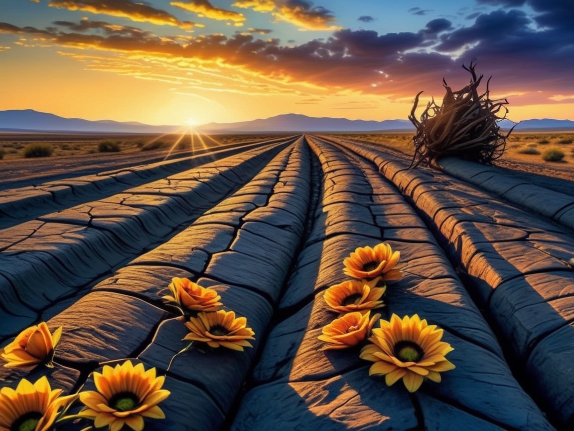 Vibrant Sunset Landscape with Cracked Earth and Flowers
