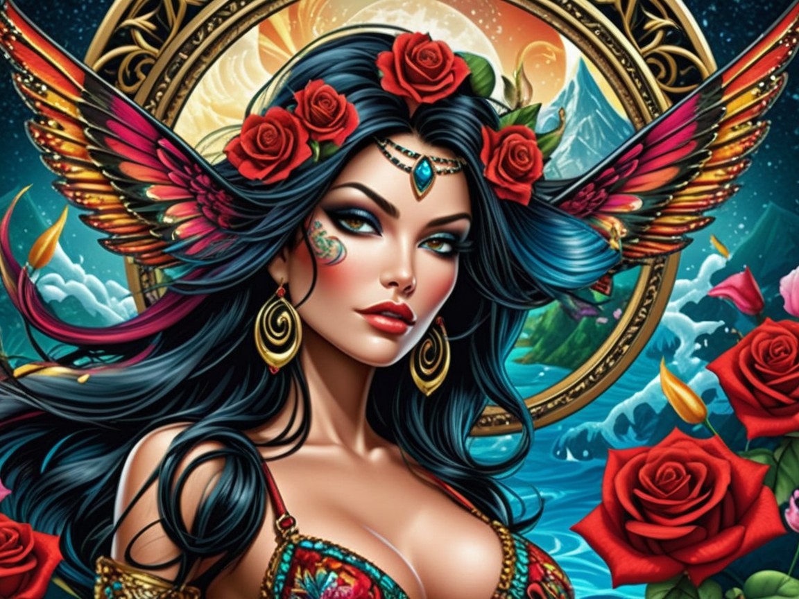 Ethereal Woman with Tattoos and Mystical Background