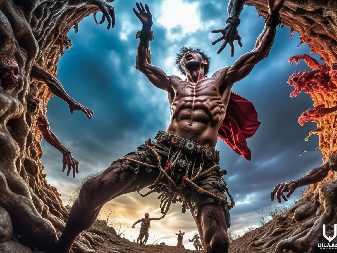 Muscular Hero at Abyss with Eerie Clawed Hands