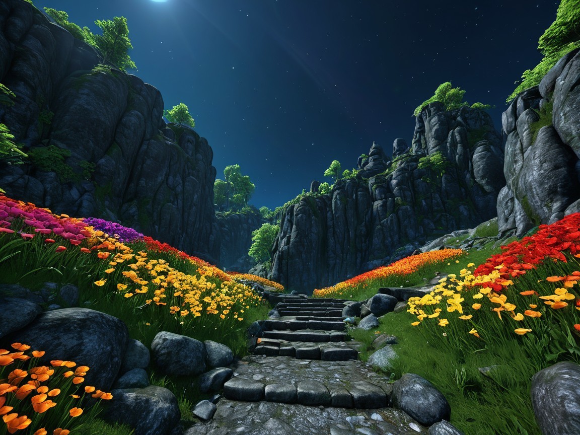 Serene Pathway Through Vibrant Flower Fields and Cliffs