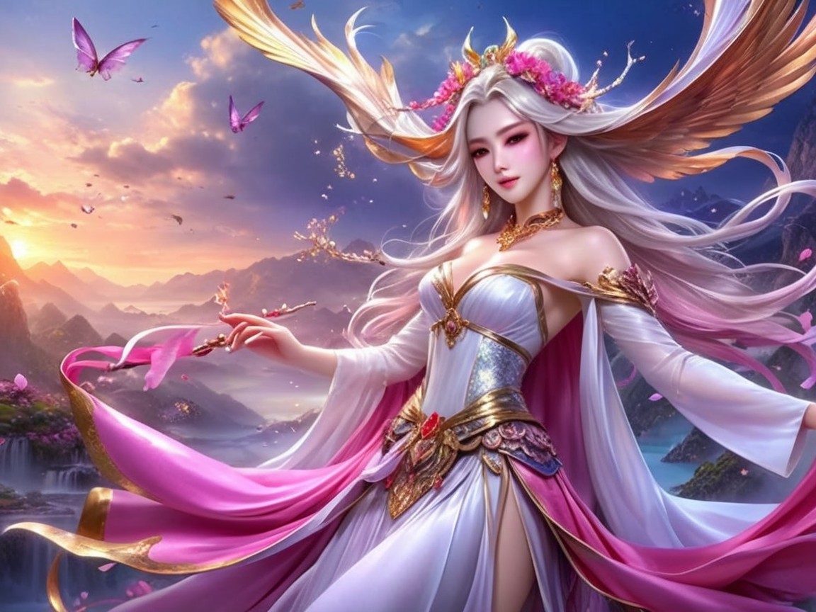 Goddess in Vibrant Landscape with Butterflies and Mountains