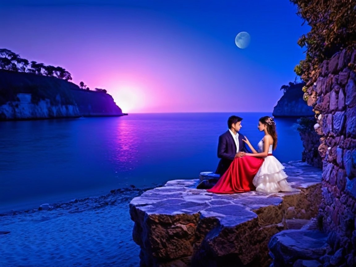 Romantic Sunset Scene with Couple by the Ocean