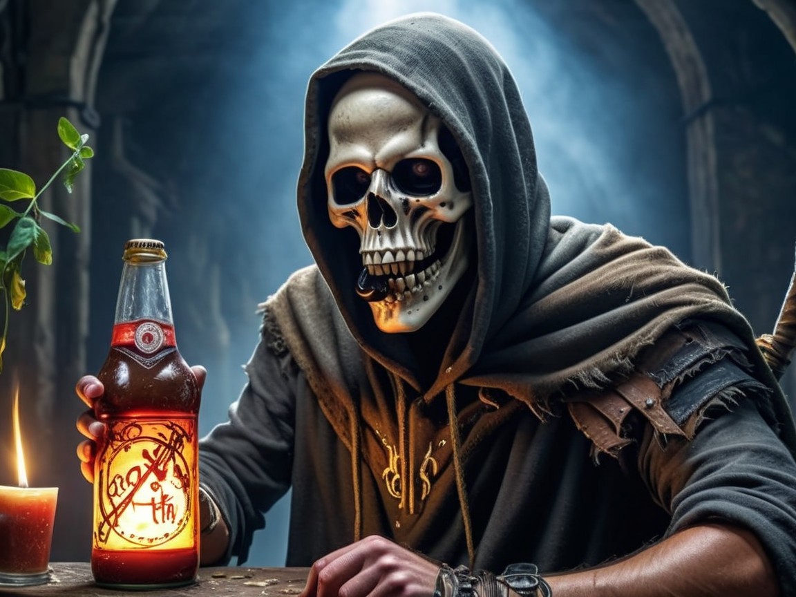 Mysterious figure with glowing bottle at rustic table