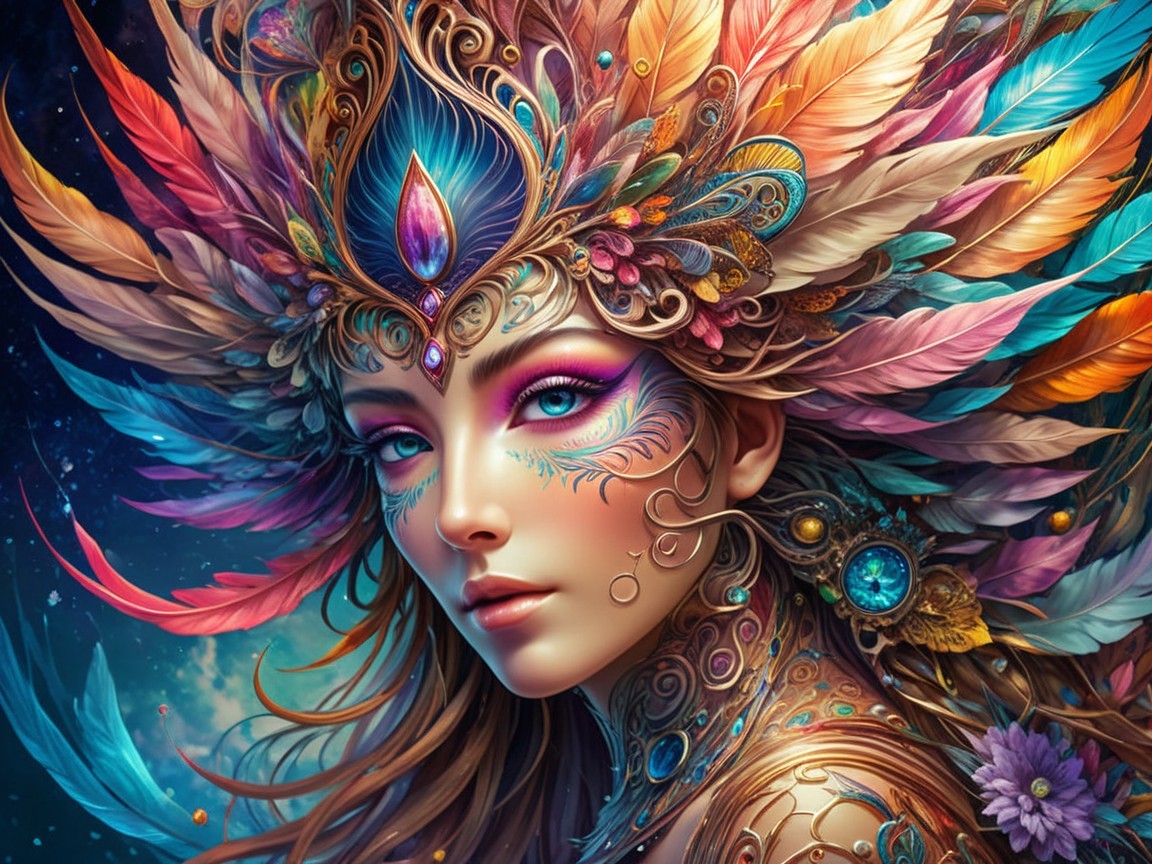 Stunning woman with feathered headdress and bold makeup