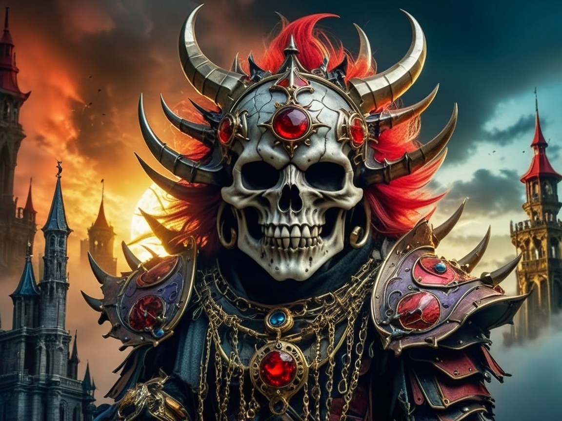 Menacing Warrior in Ornate Armor Against Dark Backdrop
