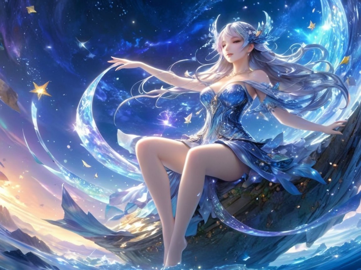 Celestial Figure in Ethereal Blue Gown Amidst Cosmos