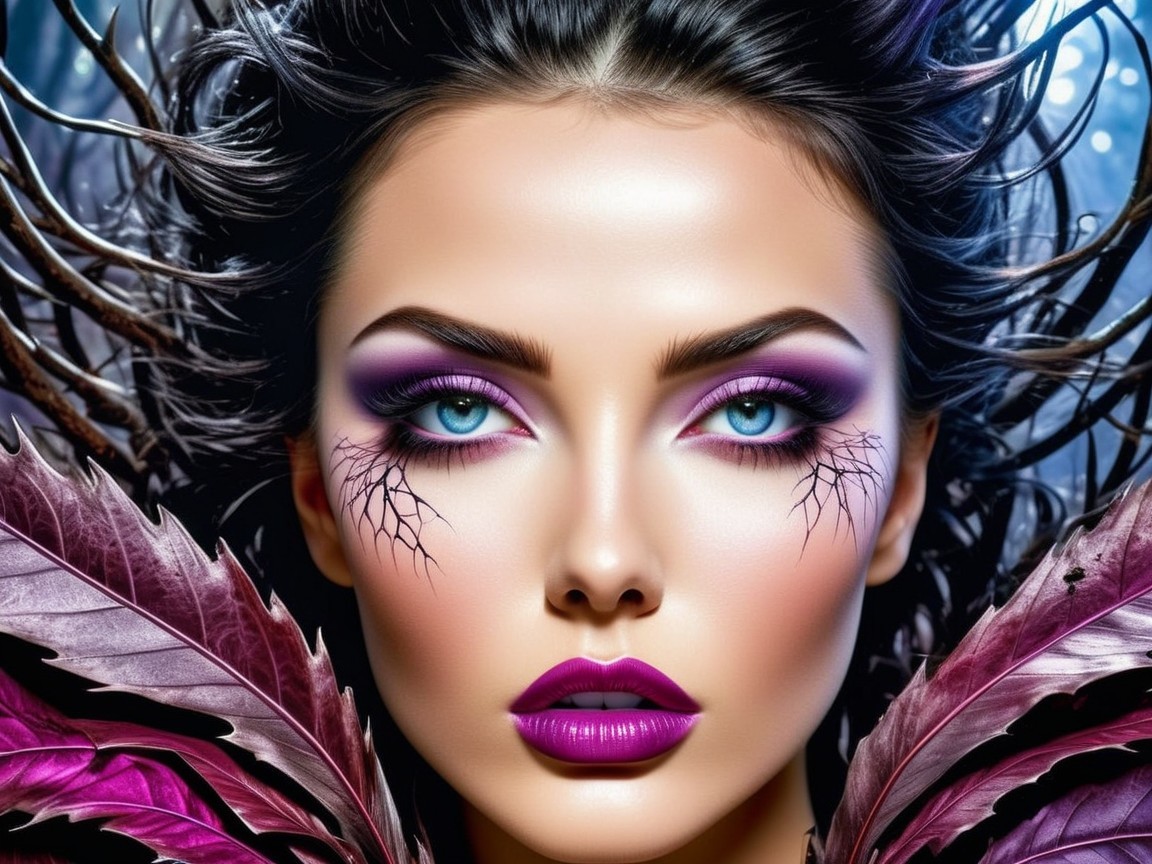 Portrait of a Woman with Blue Eyes and Purple Makeup