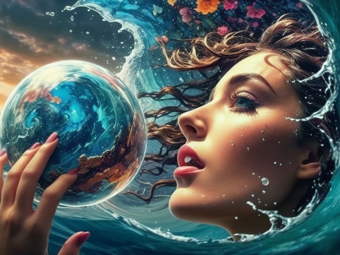 Surreal Image of Woman with Wave and Globe