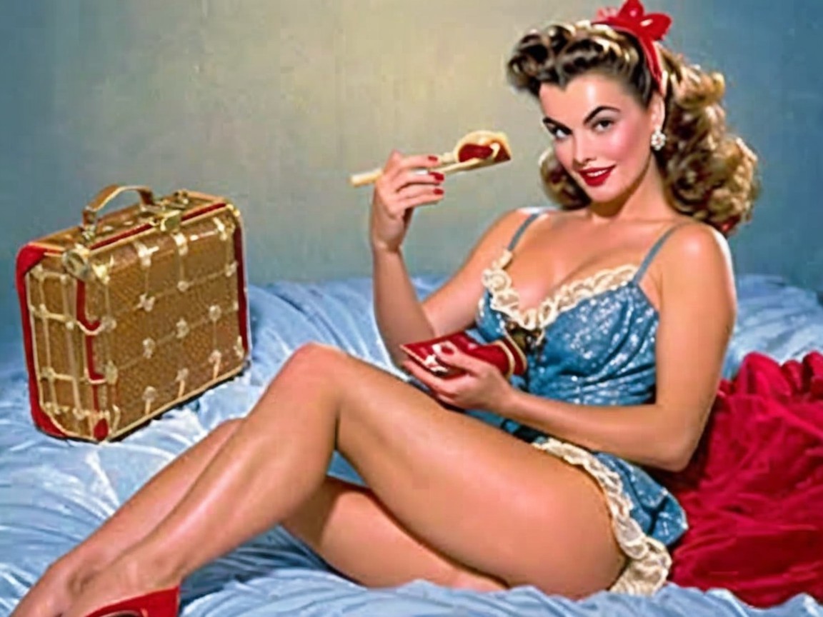 Vintage Glamour: Woman in Lace Outfit on Bed