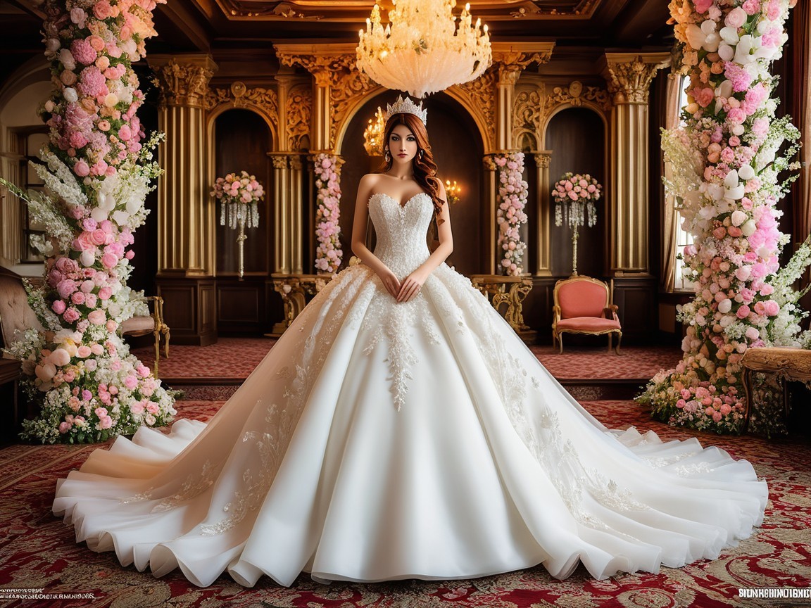 Bride in Luxurious Ballroom with Elegant Ball Gown