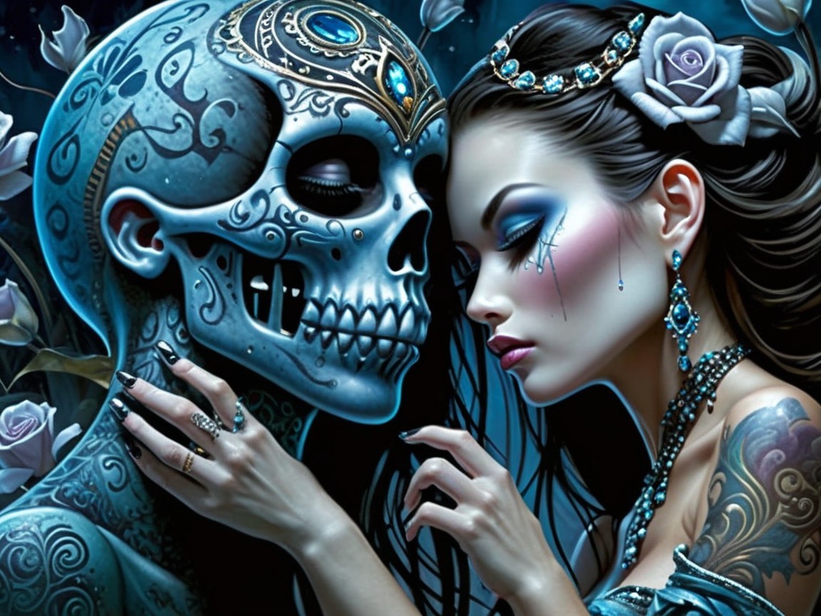 Surreal Artwork of Woman and Skull with Blue Roses