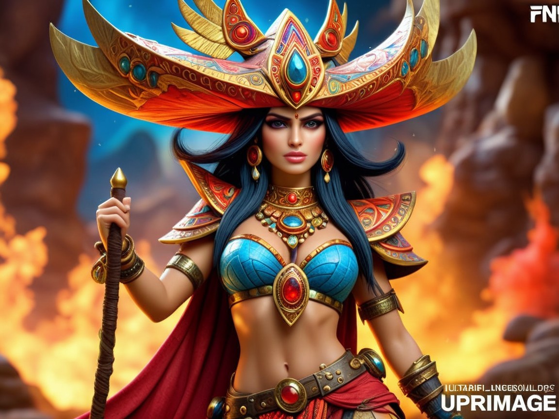 Majestic figure in vibrant armor with fiery backdrop
