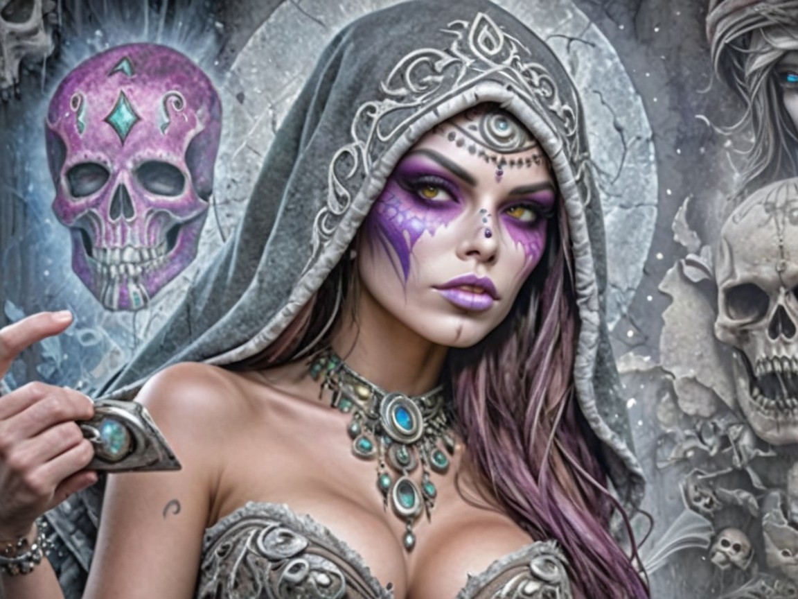 Mystical Woman in Dark Hood with Skull Motifs