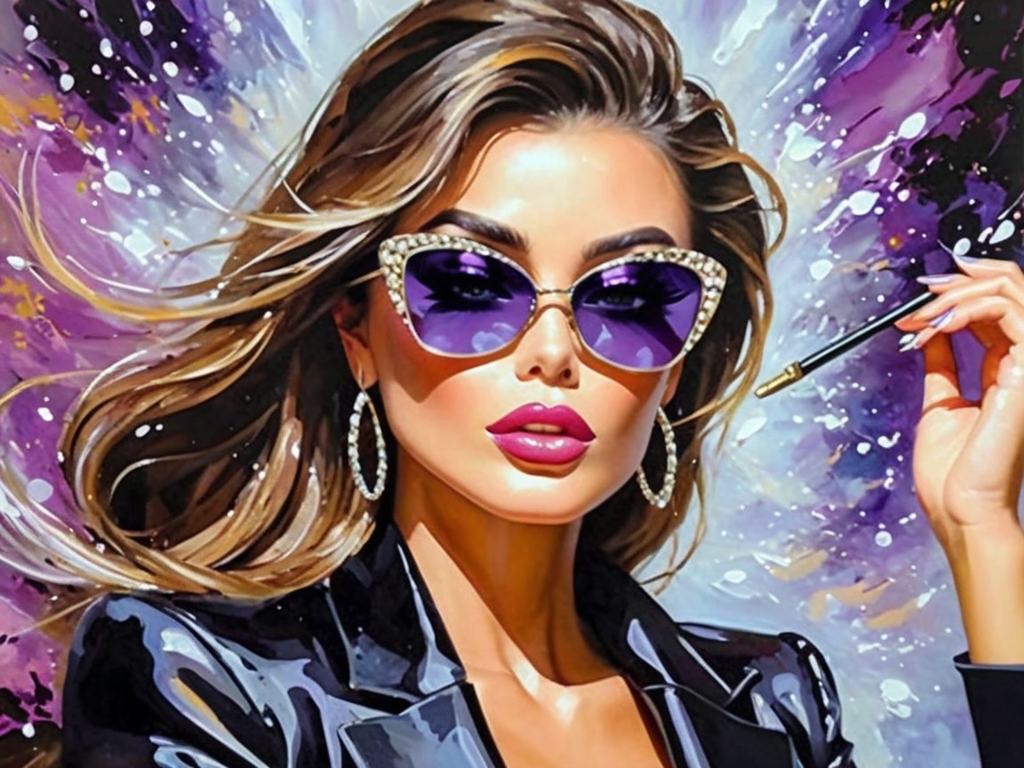 Glamorous Woman in Rhinestone Sunglasses and Black Outfit