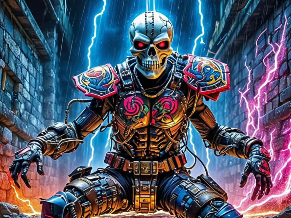Futuristic Skeleton Warrior in Dark Mystical Setting