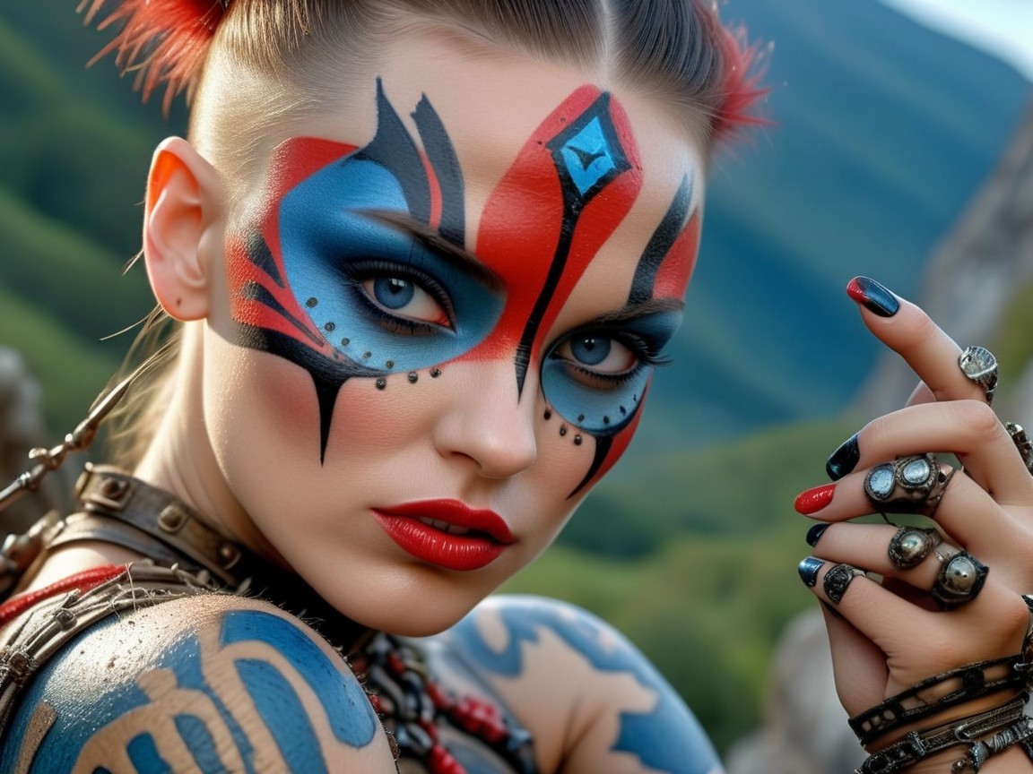 Portrait of a Woman with Bold Face Paint and Tattoos