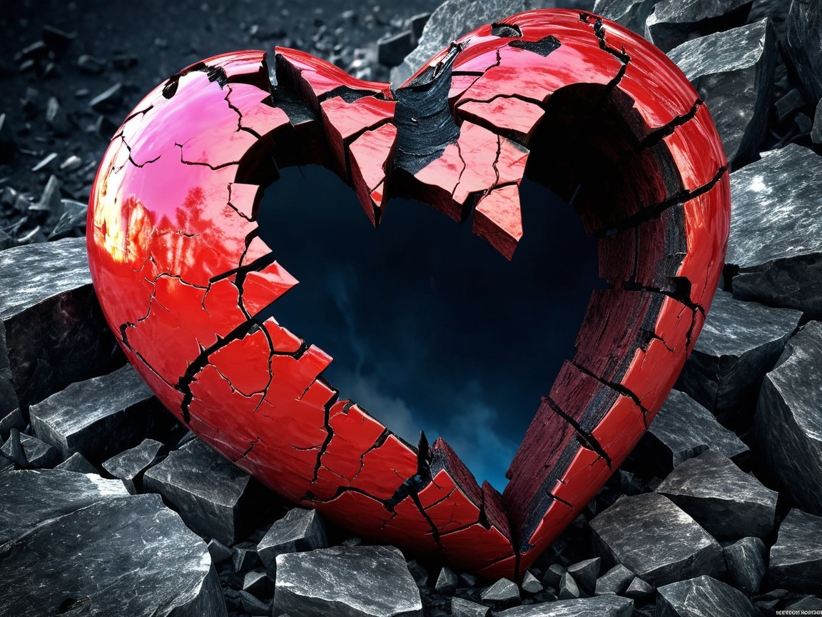 Shattered Red Heart Among Jagged Rocks and Darkness