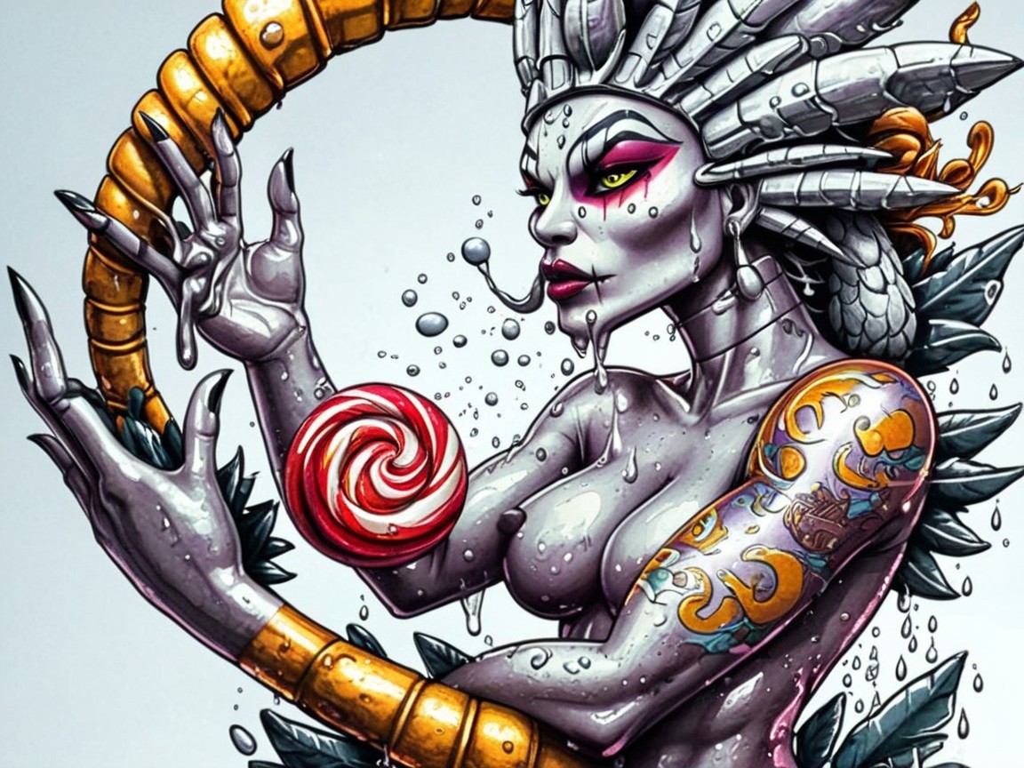 Stylized character with metallic skin and vibrant colors