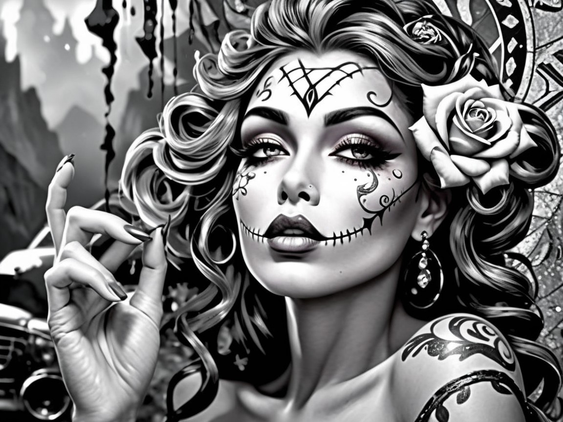 Black-and-white portrait of a woman with sugar skull face paint