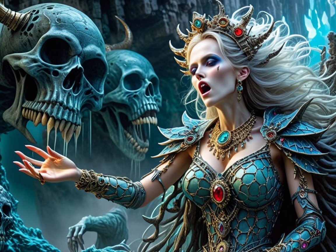 Regal Woman in Intricate Armor with Ominous Skulls