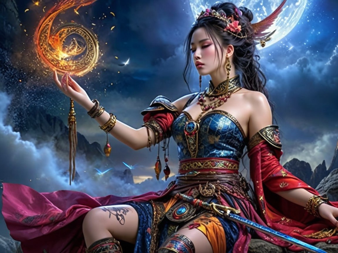 Mystical Warrior Woman with Orb Under Full Moon