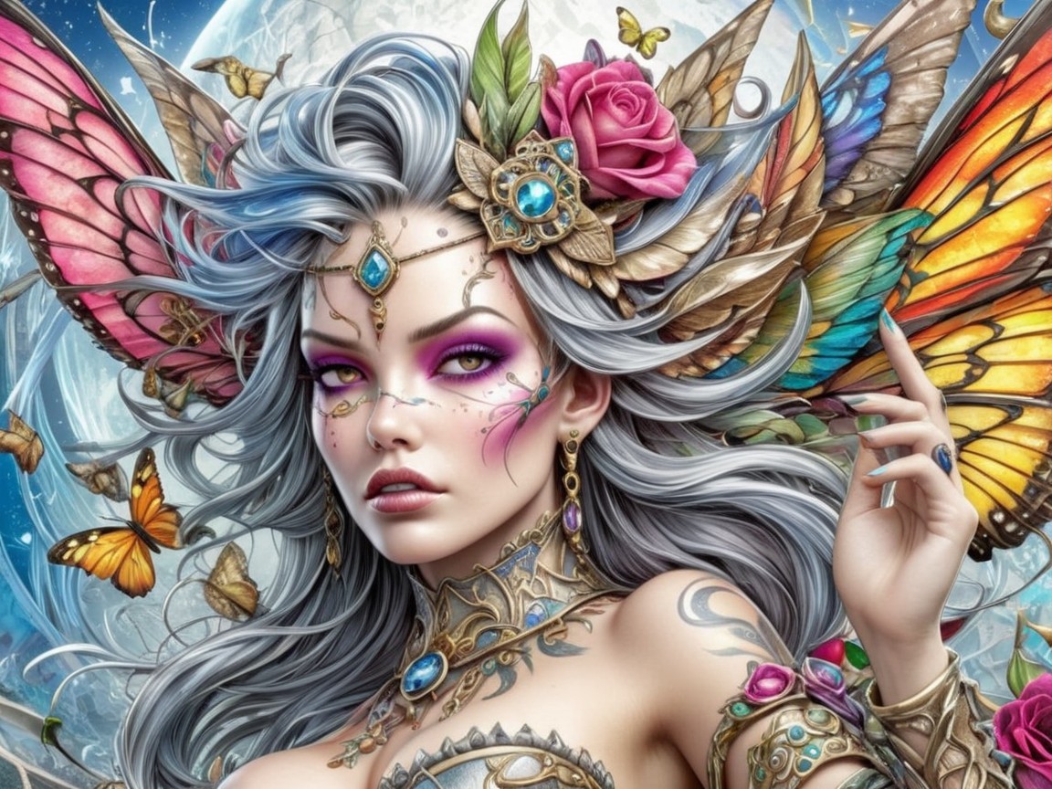 Fantastical figure with butterfly wings and jewelry