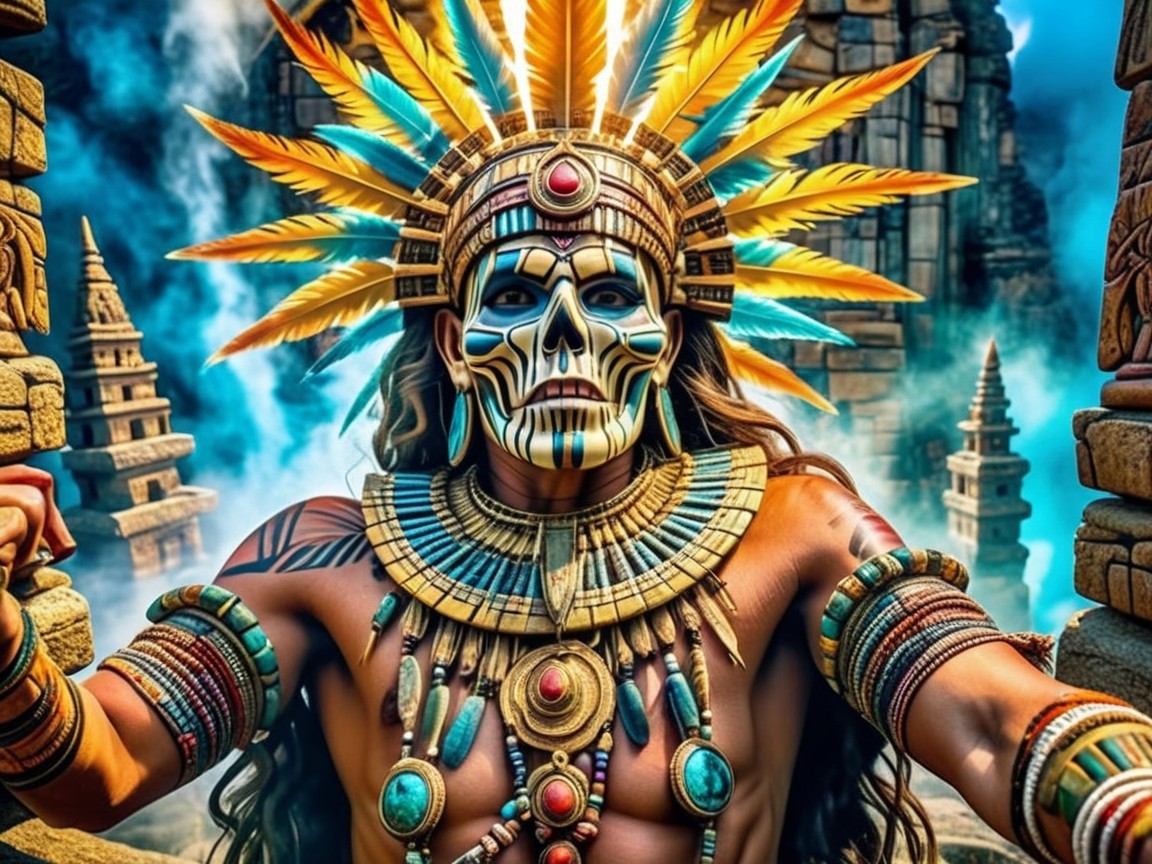 Majestic Figure in Feathers Amid Ancient Temples