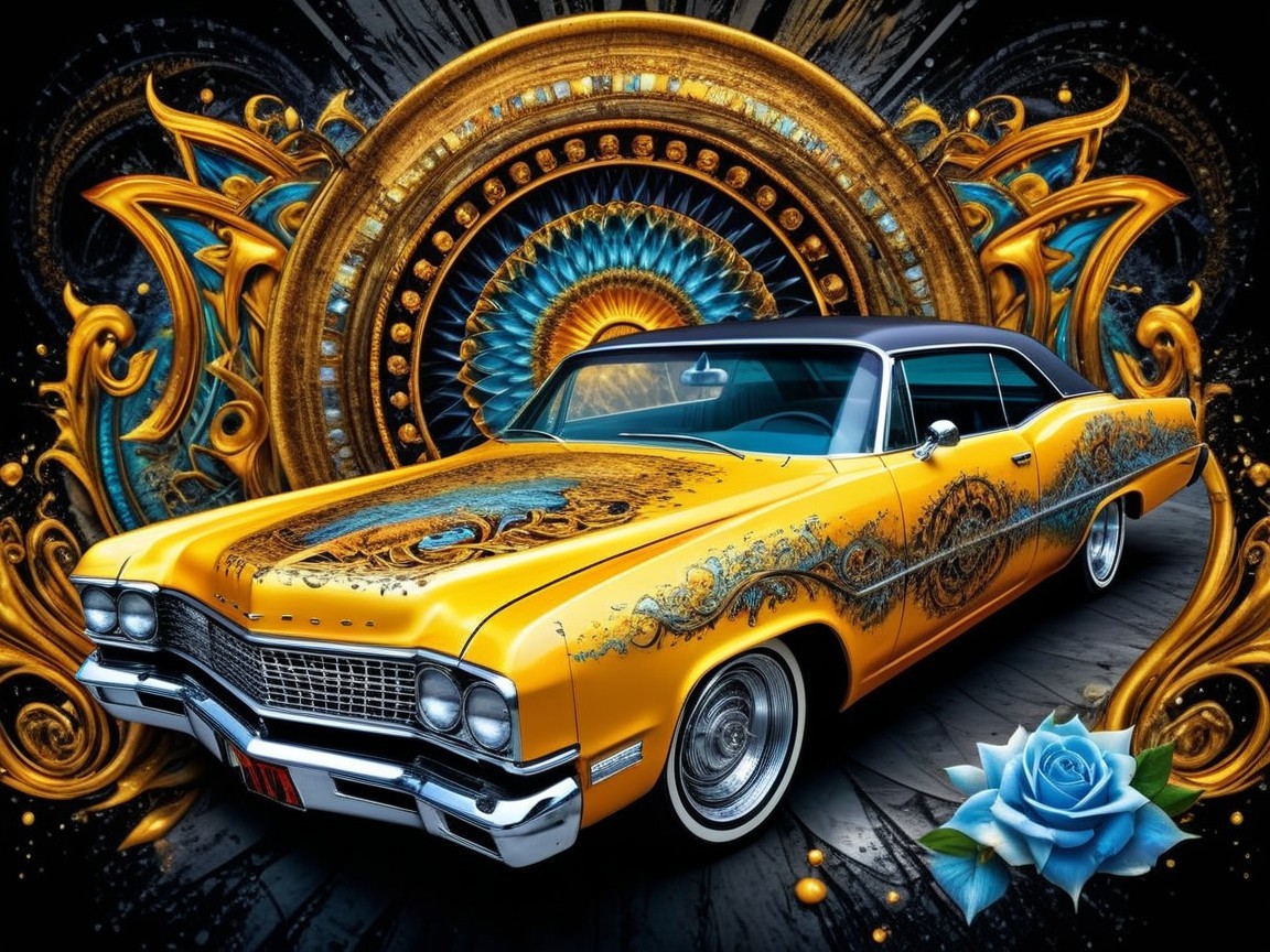 Vintage Yellow Car with Blue and Gold Designs